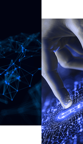 A split image: on the left, glowing blue network connections on a dark background; on the right, a fingertip touches a digital surface with circuit-like patterns, echoing Radiant Logic Professional Services: The Support You Need to Succeed.